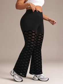 SHEIN Sports Plus Size Women's Patchwork Design Flared Leg Slim Fit Athletic Leggings - Black - View 1