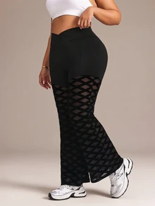 SHEIN Sports Plus Size Women's Patchwork Design Flared Leg Slim Fit Athletic Leggings - Black - View 4