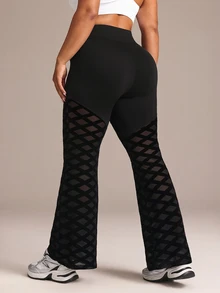 SHEIN Sports Plus Size Women's Patchwork Design Flared Leg Slim Fit Athletic Leggings - Black - View 2