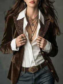 Glimmora Women's Fashion Retro Leopard Print Patchwork Collar Blazer Jacket, Autumn/Winter - Brown - View 5