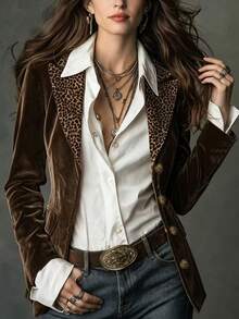 Glimmora Women's Fashion Retro Leopard Print Patchwork Collar Blazer Jacket, Autumn/Winter - Brown - View 7