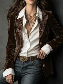 Glimmora Women's Fashion Retro Leopard Print Patchwork Collar Blazer Jacket, Autumn/Winter - Brown - View 6