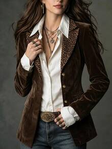 Glimmora Women's Fashion Retro Leopard Print Patchwork Collar Blazer Jacket, Autumn/Winter - Brown - View 2