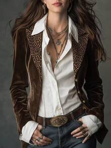 Glimmora Women's Fashion Retro Leopard Print Patchwork Collar Blazer Jacket, Autumn/Winter - Brown - View 3