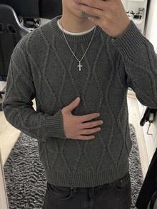 Manfinity CasualKnits 男士麻花編織圓領長袖休閒百搭毛衣，適合男孩秋冬日常穿著，新品套頭毛衣 - 灰色 - 查看 1