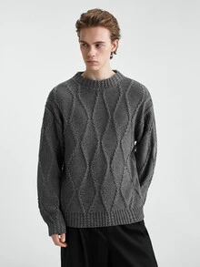 Manfinity CasualKnits 男士麻花編織圓領長袖休閒百搭毛衣，適合男孩秋冬日常穿著，新品套頭毛衣 - 灰色 - 查看 4