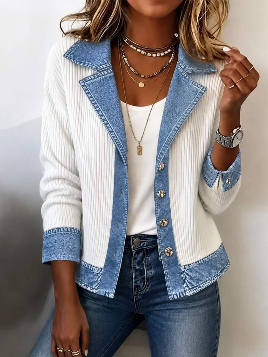 Louniche Fall Clothes For Women White Blue Colorblock Ribbed Knit Lapel Button Front Loose Shacket - White - View 1