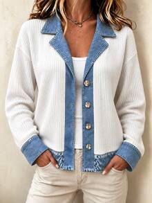 Louniche Fall Clothes For Women White Blue Colorblock Ribbed Knit Lapel Button Front Loose Shacket - White - View 4