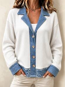 Louniche Fall Clothes For Women White Blue Colorblock Ribbed Knit Lapel Button Front Loose Shacket - White - View 5