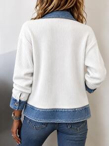 Louniche Fall Clothes For Women White Blue Colorblock Ribbed Knit Lapel Button Front Loose Shacket - White - View 2