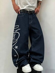 STEELVANCE Street Retro Fashion Versatile Distressed Washed Embroidered Design Loose Straight Wide Leg Casual Denim Jeans (Belt And Accessories Not Included) - Blue - View 4