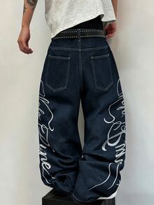 STEELVANCE Street Retro Fashion Versatile Distressed Washed Embroidered Design Loose Straight Wide Leg Casual Denim Jeans (Belt And Accessories Not Included) - Blue - View 2