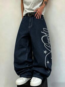 STEELVANCE Street Retro Fashion Versatile Distressed Washed Embroidered Design Loose Straight Wide Leg Casual Denim Jeans (Belt And Accessories Not Included) - Blue - View 6