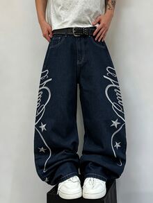 STEELVANCE Street Retro Fashion Versatile Distressed Washed Embroidered Design Loose Straight Wide Leg Casual Denim Jeans (Belt And Accessories Not Included) - Blue - View 3