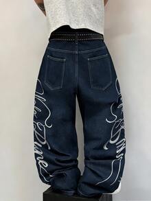 STEELVANCE Street Retro Fashion Versatile Distressed Washed Embroidered Design Loose Straight Wide Leg Casual Denim Jeans (Belt And Accessories Not Included) - Blue - View 7
