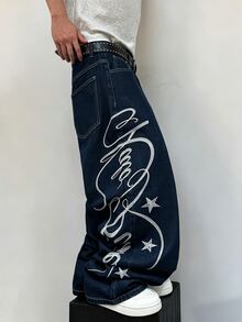 STEELVANCE Street Retro Fashion Versatile Distressed Washed Embroidered Design Loose Straight Wide Leg Casual Denim Jeans (Belt And Accessories Not Included) - Blue - View 5