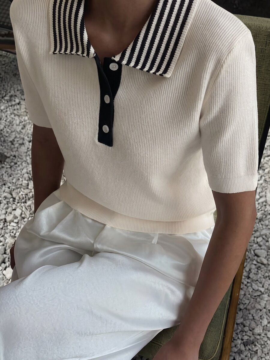 Mulvari Women's Premium Colorblock Short Sleeve Sweater Vest, Autumn/Winter White Casual Blouses Fall Winter Work Tops - White - View 1