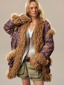 SHEIN Cardigan Wanita Vintage Longgar Panjang Sedang, Mantel Bulu Panjang yang Melangsingkan, Mantel Bulu Imitasi - Coffee Brown - View 8