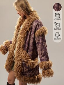 SHEIN Cardigan Wanita Vintage Longgar Panjang Sedang, Mantel Bulu Panjang yang Melangsingkan, Mantel Bulu Imitasi - Coffee Brown - View 2