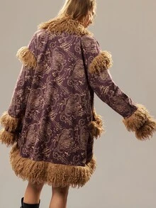SHEIN Cardigan Wanita Vintage Longgar Panjang Sedang, Mantel Bulu Panjang yang Melangsingkan, Mantel Bulu Imitasi - Coffee Brown - View 3