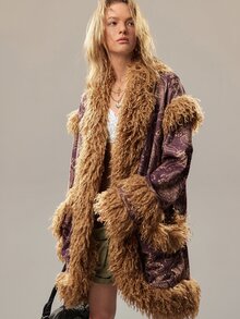 SHEIN Cardigan Wanita Vintage Longgar Panjang Sedang, Mantel Bulu Panjang yang Melangsingkan, Mantel Bulu Imitasi - Coffee Brown - View 5