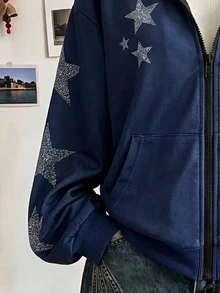 復古時尚海軍藍少女休閒寬鬆落肩長袖拉鍊連帽衛衣，秋冬日常穿著，街頭風，甜美女孩感，輕鬆營造美式秋季休閒氛圍，高穿搭率 - 彩色 - 查看 4