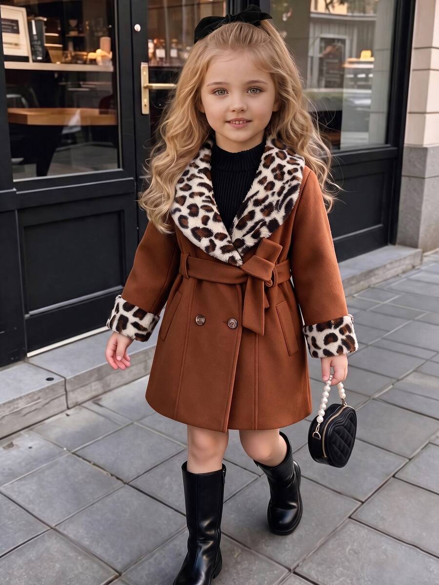 SHEIN Girls' Elegant Exquisite Wool Coat With Leopard Print Fur ...