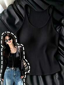 Resyla Kamisol Kasual Serbaguna Bergaris Warna Polos untuk Wanita - Hitam - View 3