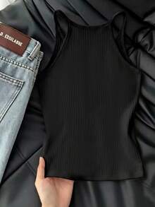 Resyla Kamisol Kasual Serbaguna Bergaris Warna Polos untuk Wanita - Hitam - View 2