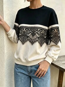 Mulvari Women's Lace Trim Patchwork Contrast Color Casual Loose Round Neck Pullover Sweatshirt Fall/Winter Y2k Concert Outfit Karol Y2k - Multicolor - View 9