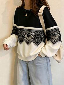 Mulvari Women's Lace Trim Patchwork Contrast Color Casual Loose Round Neck Pullover Sweatshirt Fall/Winter Y2k Concert Outfit Karol Y2k - Multicolor - View 3