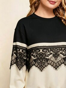 Mulvari Women's Lace Trim Patchwork Contrast Color Casual Loose Round Neck Pullover Sweatshirt Fall/Winter Y2k Concert Outfit Karol Y2k - Multicolor - View 6