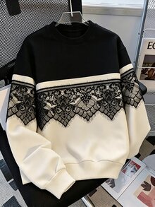 Mulvari Women's Lace Trim Patchwork Contrast Color Casual Loose Round Neck Pullover Sweatshirt Fall/Winter Y2k Concert Outfit Karol Y2k - Multicolor - View 4