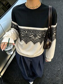Mulvari Women's Lace Trim Patchwork Contrast Color Casual Loose Round Neck Pullover Sweatshirt Fall/Winter Y2k Concert Outfit Karol Y2k - Multicolor - View 2