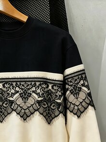 Mulvari Women's Lace Trim Patchwork Contrast Color Casual Loose Round Neck Pullover Sweatshirt Fall/Winter Y2k Concert Outfit Karol Y2k - Multicolor - View 8