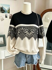 Mulvari Women's Lace Trim Patchwork Contrast Color Casual Loose Round Neck Pullover Sweatshirt Fall/Winter Y2k Concert Outfit Karol Y2k - Multicolor - View 7