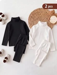 SHEIN 嬰兒女嬰男嬰黑白配色柔軟彈性高領厚刷毛修身長袖內搭衫，2件組，適合冬季 - 黑與白 - 查看 2