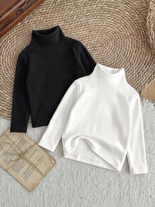 SHEIN 嬰兒女嬰男嬰黑白配色柔軟彈性高領厚刷毛修身長袖內搭衫，2件組，適合冬季 - 黑與白 - 查看 5