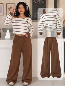 SHEIN Tween Girls Sweet Cool Casual Style Fall Winter Striped Sweatshirt Set Back To School Asymmetrical Shoulder Strap Patchwork Cold Shoulder Short Top Wi - Brown - View 3