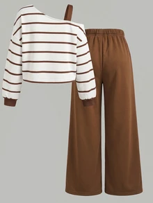 SHEIN Tween Girls Sweet Cool Casual Style Fall Winter Striped Sweatshirt Set Back To School Asymmetrical Shoulder Strap Patchwork Cold Shoulder Short Top Wi - Brown - View 2