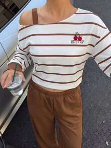 SHEIN Tween Girls Sweet Cool Casual Style Fall Winter Striped Sweatshirt Set Back To School Asymmetrical Shoulder Strap Patchwork Cold Shoulder Short Top Wi - Brown - View 7
