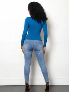BamGleam 女士休闲优雅蝴蝶结领修身荷叶边下摆纯色长袖T恤，秋季款 - 藍色 - 查看 3