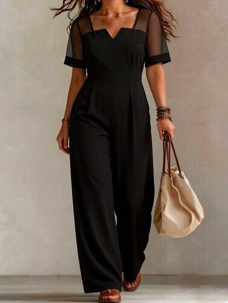 Elenzga Plus Size Women's Mesh Patchwork Casual Daily Wear Jumpsuit Wide Leg Pants - Black - View 6