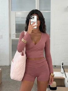 Pariaura 2pcs Set Spring/Summer New Solid Color Bean Paste Long Sleeve Ruched Sports Tank Top And Solid Color Shorts Women's Sports Outfit - Dusty Pink - View 4