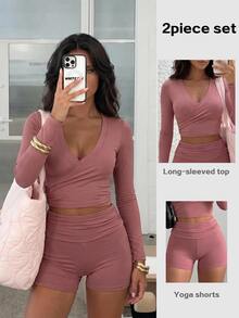 Pariaura 2pcs Set Spring/Summer New Solid Color Bean Paste Long Sleeve Ruched Sports Tank Top And Solid Color Shorts Women's Sports Outfit - Dusty Pink - View 8