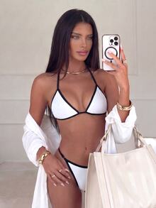 Costavie Women's Summer Beach Contrast Color Halter Tie Sexy Bikini Swimwear Set - Black and White - View 1