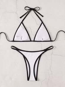 Costavie Women's Summer Beach Contrast Color Halter Tie Sexy Bikini Swimwear Set - Black and White - View 2