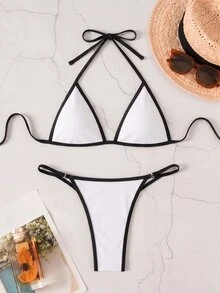 Costavie Women's Summer Beach Contrast Color Halter Tie Sexy Bikini Swimwear Set - Black and White - View 4