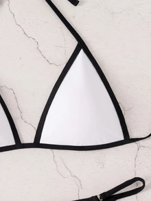 Costavie Women's Summer Beach Contrast Color Halter Tie Sexy Bikini Swimwear Set - Black and White - View 6