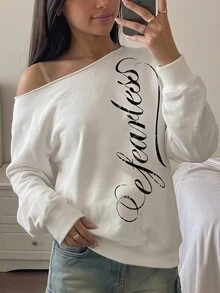 SHEIN 青少年女孩不對稱肩字母印花套頭衛衣，秋季學院風，手繪字母印花，美式校園風 City-Walk，街頭風美學，休閒校園運動風，極簡休閒 - 白色 - 查看 4